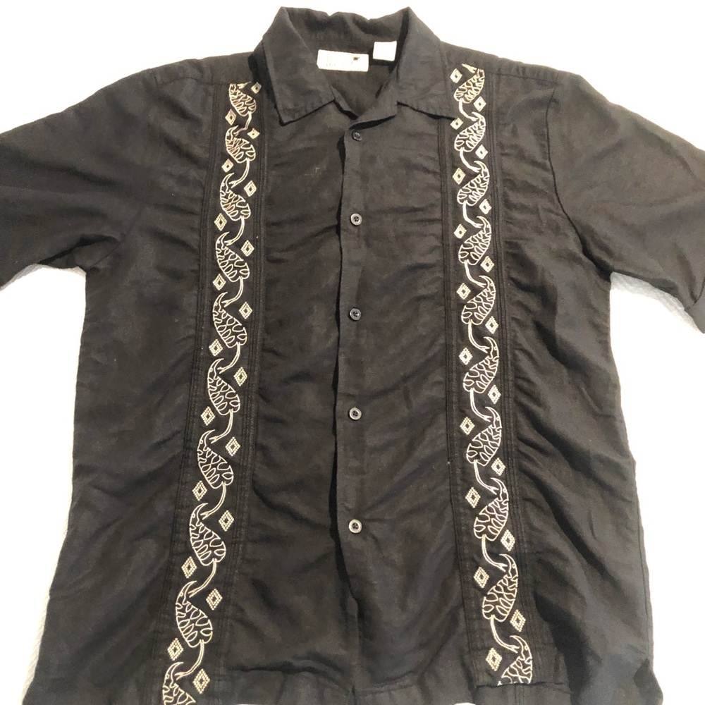 Cuban/Guayabera Linen S/Slv Shirt, Black, Med